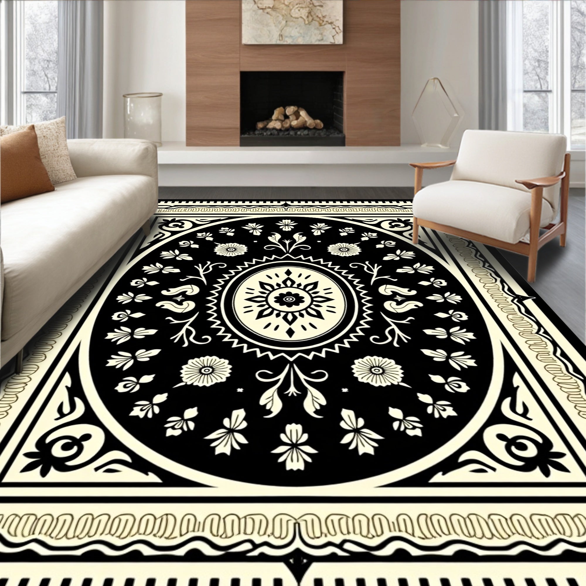 Classic Black Cream Ornamental Floral Rug