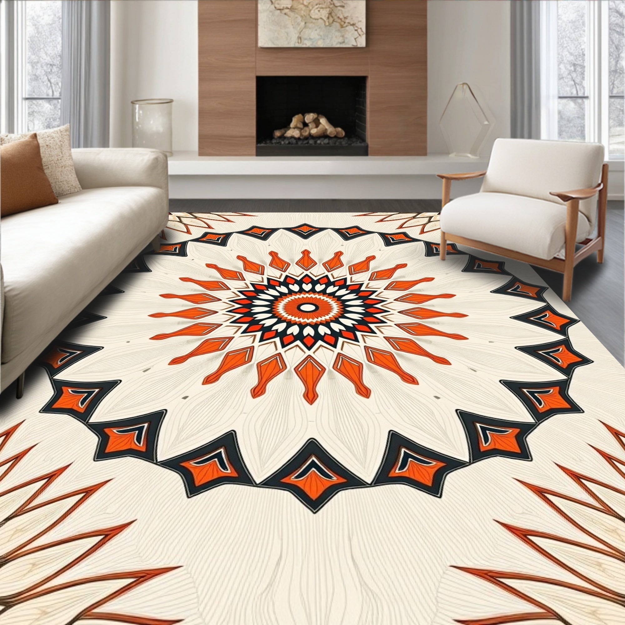Orange White Black Geometric Mandala Rug