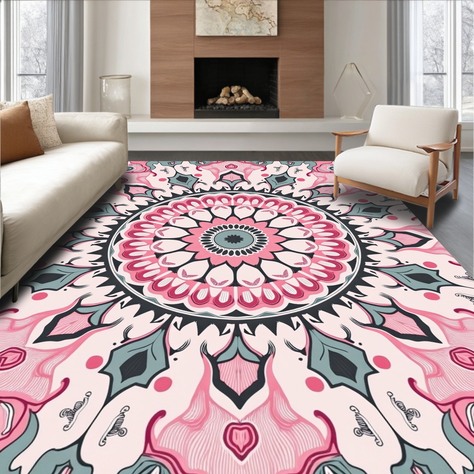 Pink Mandala Floral Geometric Design Rug