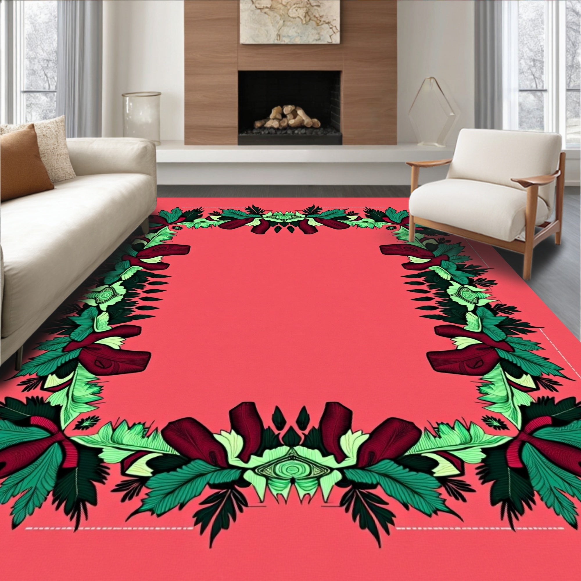 Ornate Floral Border With Eye Motifs Rug