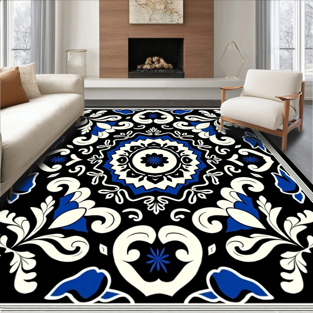 Classic Floral Medallion Black and Blue Rug