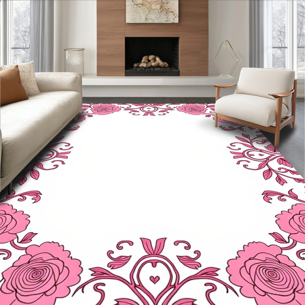 Whimsical Pink Floral Border Rug