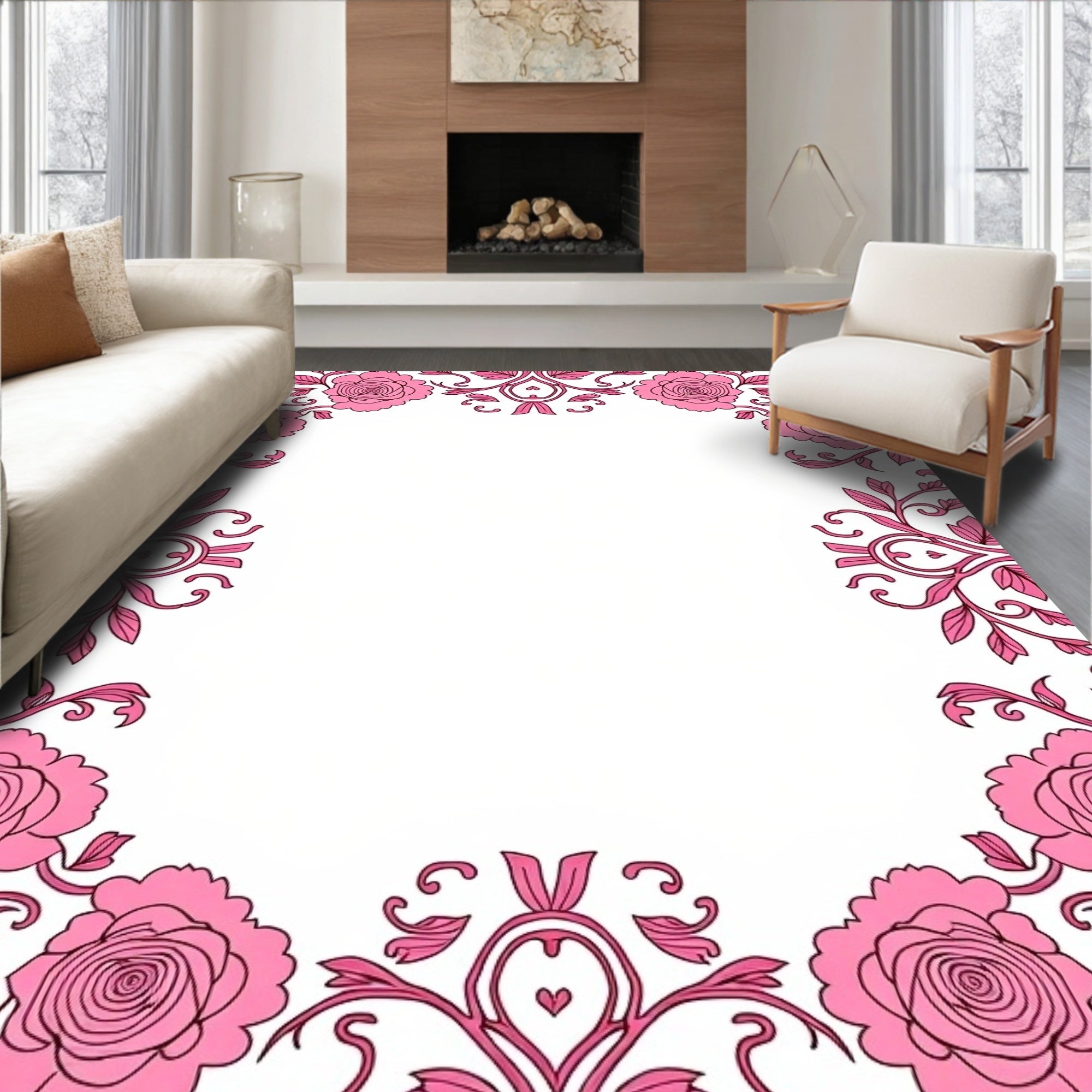 Whimsical Pink Floral Border Rug