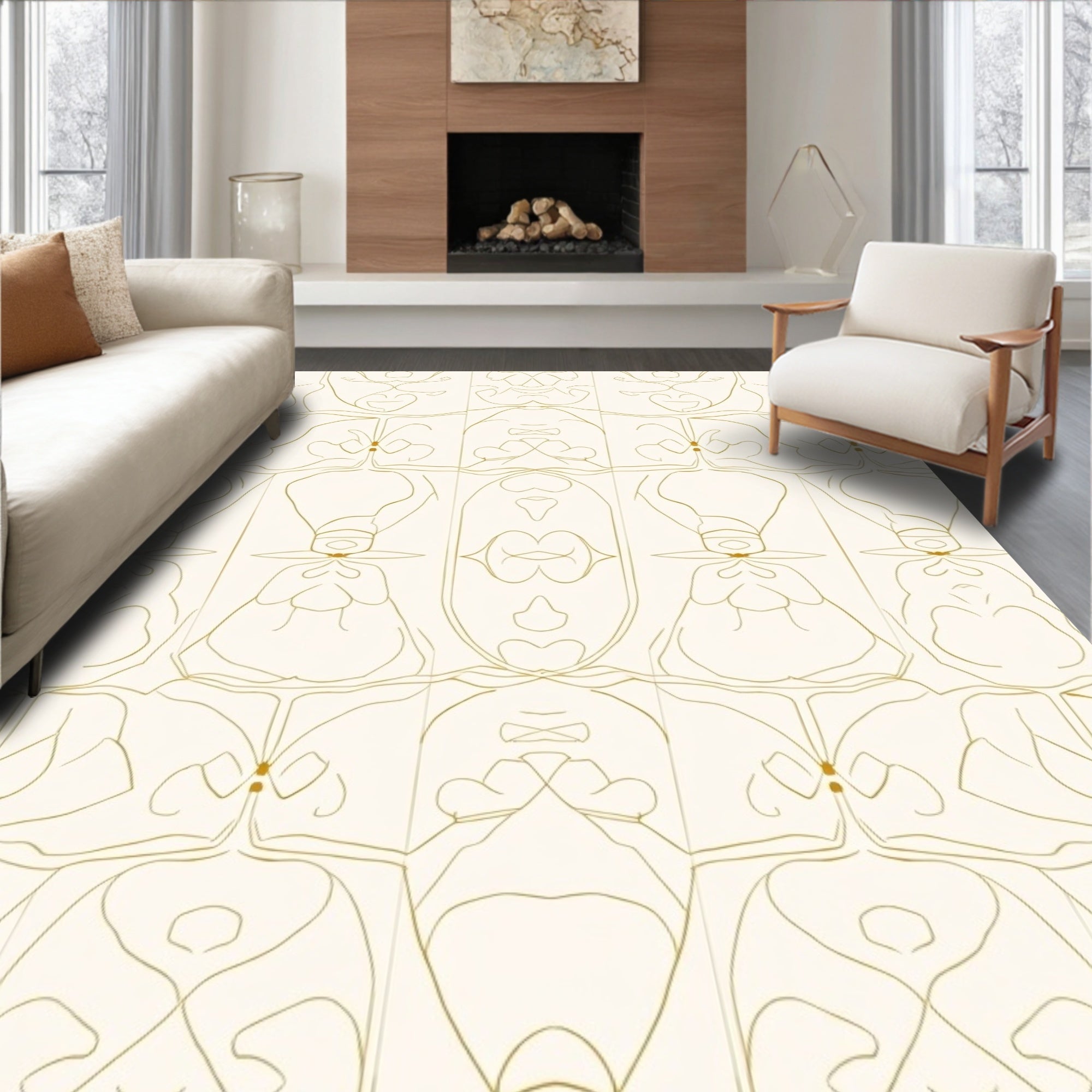 Ornate Gold Line Art Pattern Rug