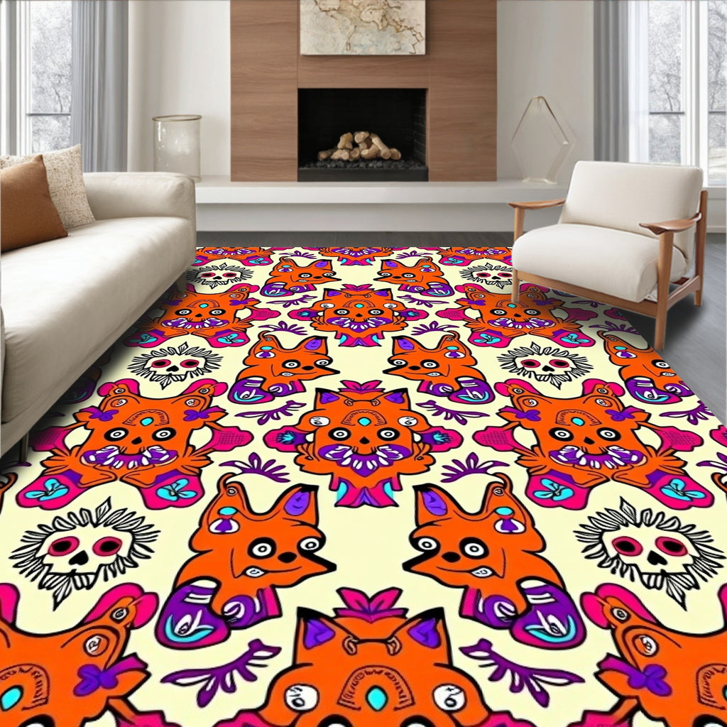 Vibrant Orange Skull Fox Pattern Rug