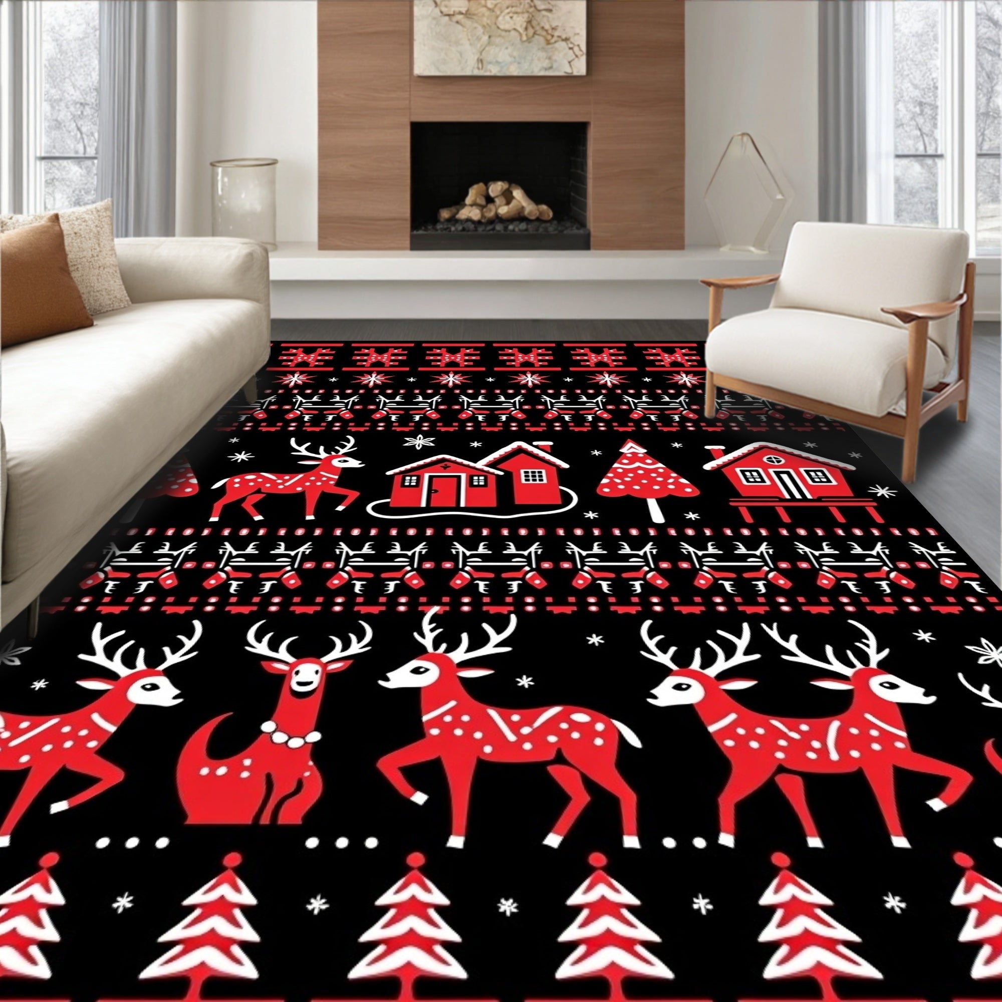 Red White Deer Festive Pattern Rug