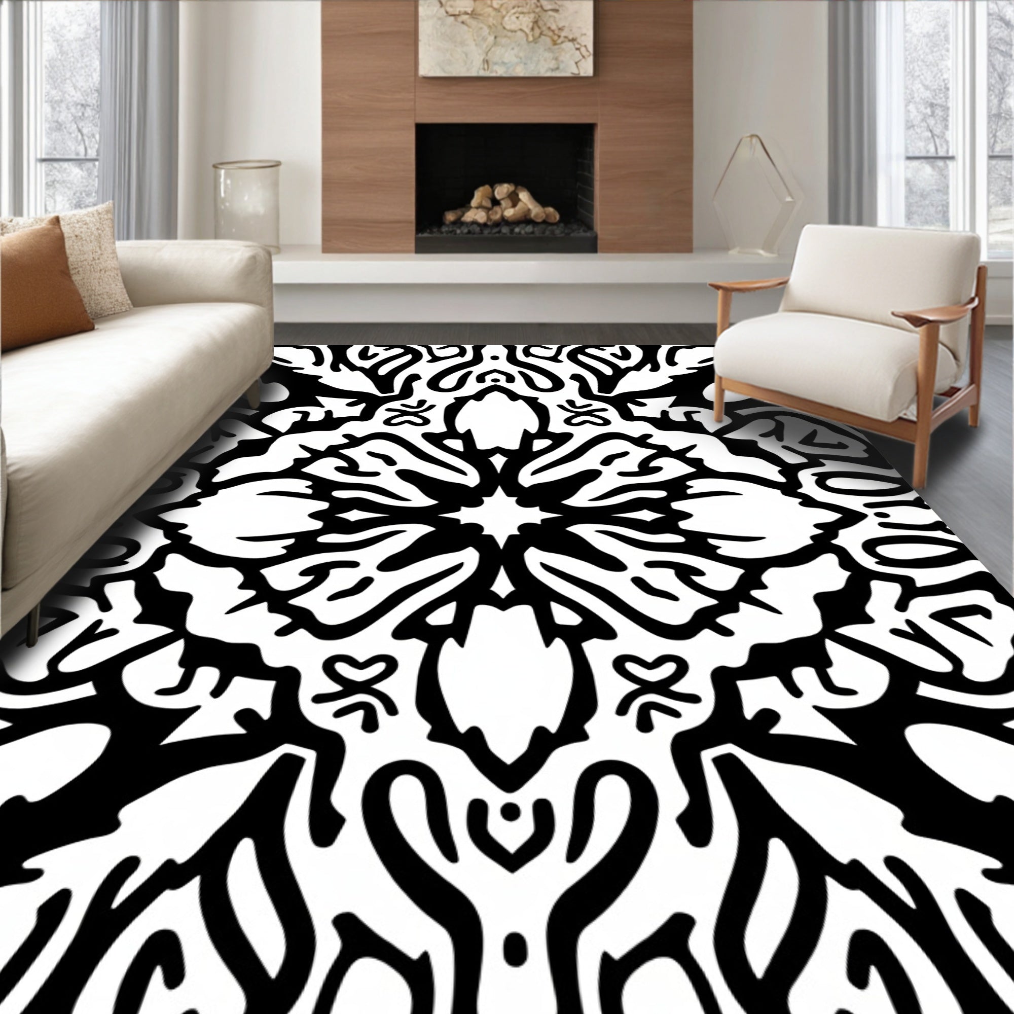 Bold Black Abstract Folk Art Rug