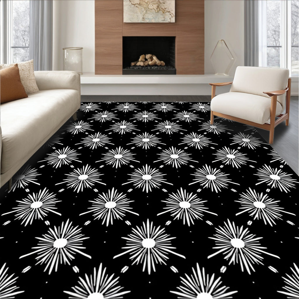 Black White Radial Starburst Pattern Rug