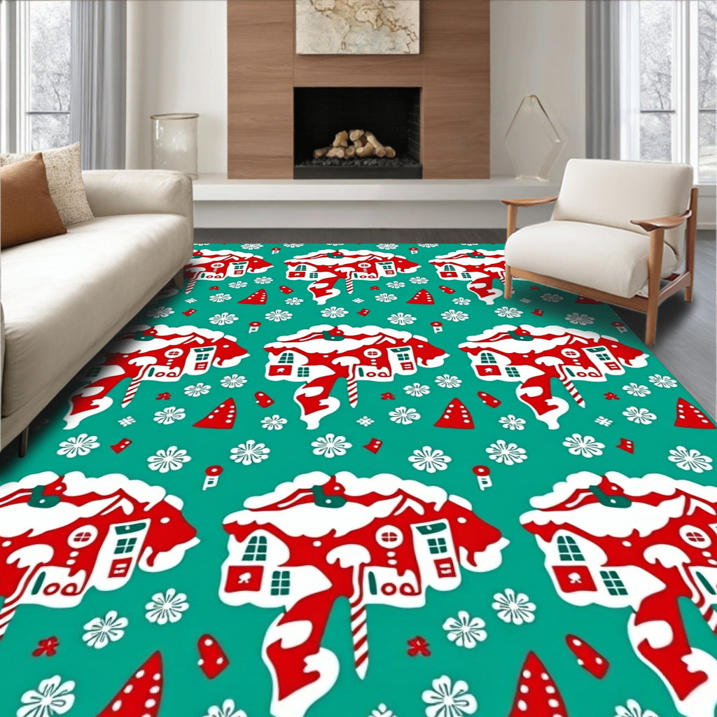 Winter Snowy Gingerbread House Scene Rug