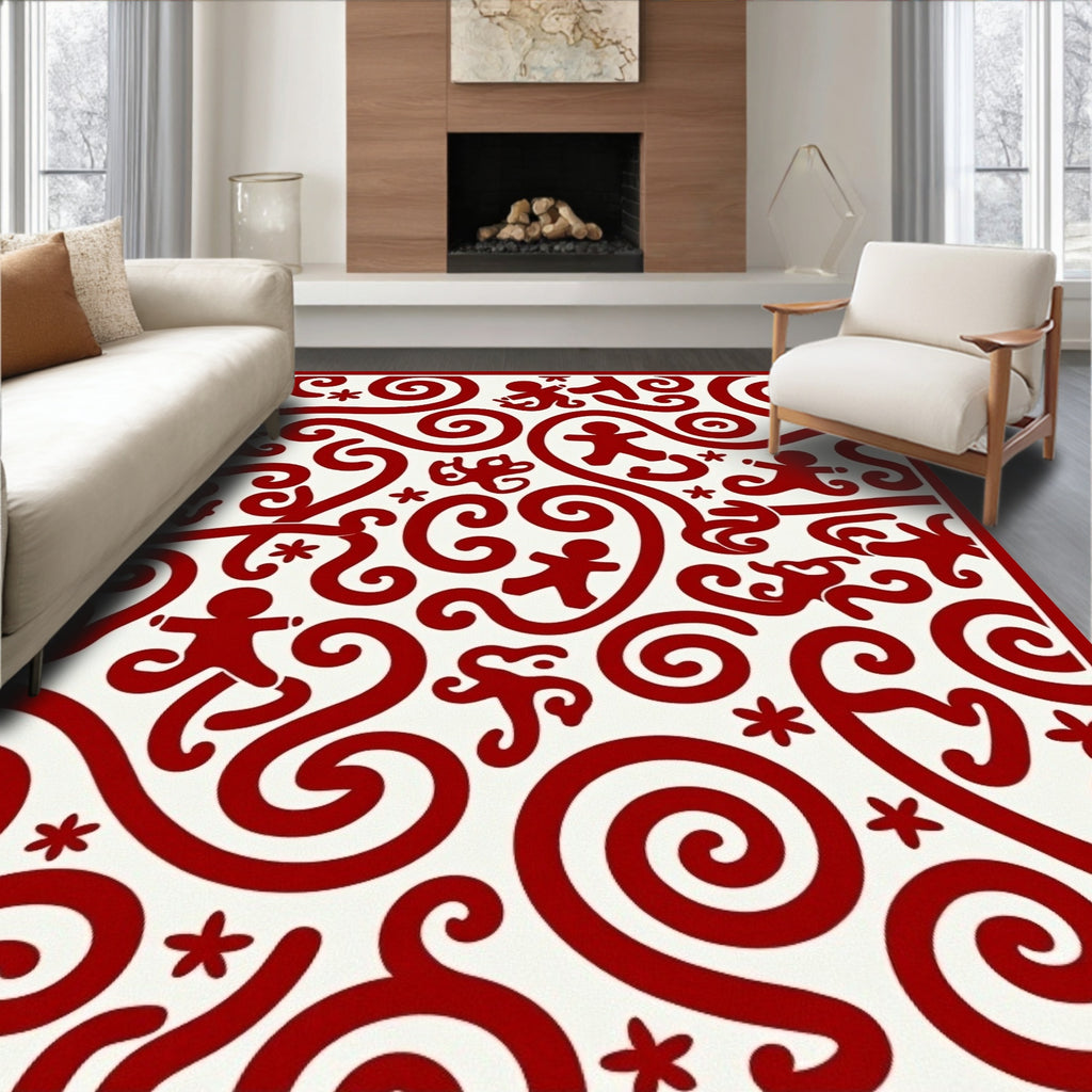 Red Swirls Figures Playful Pattern Rug