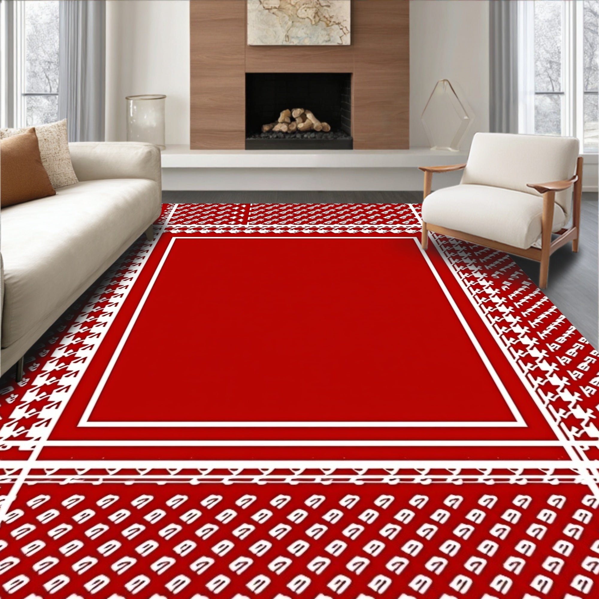 Classic Houndstooth Bordered Red Rug