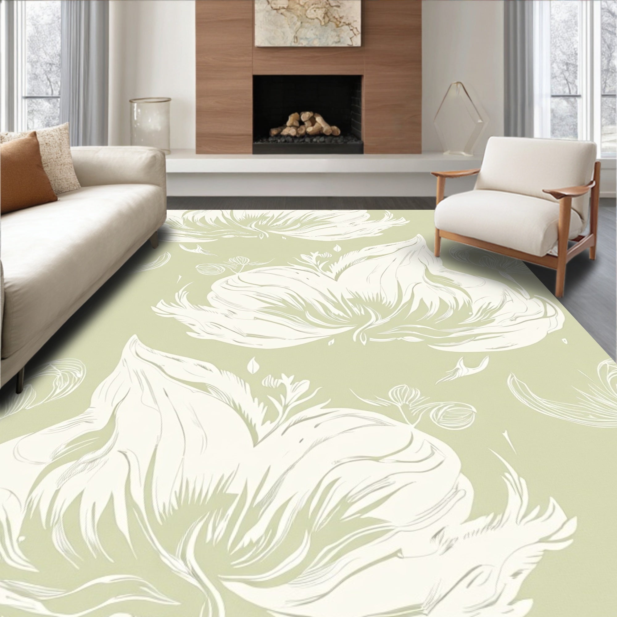 Pale Green Floral Impressionist Design Rug
