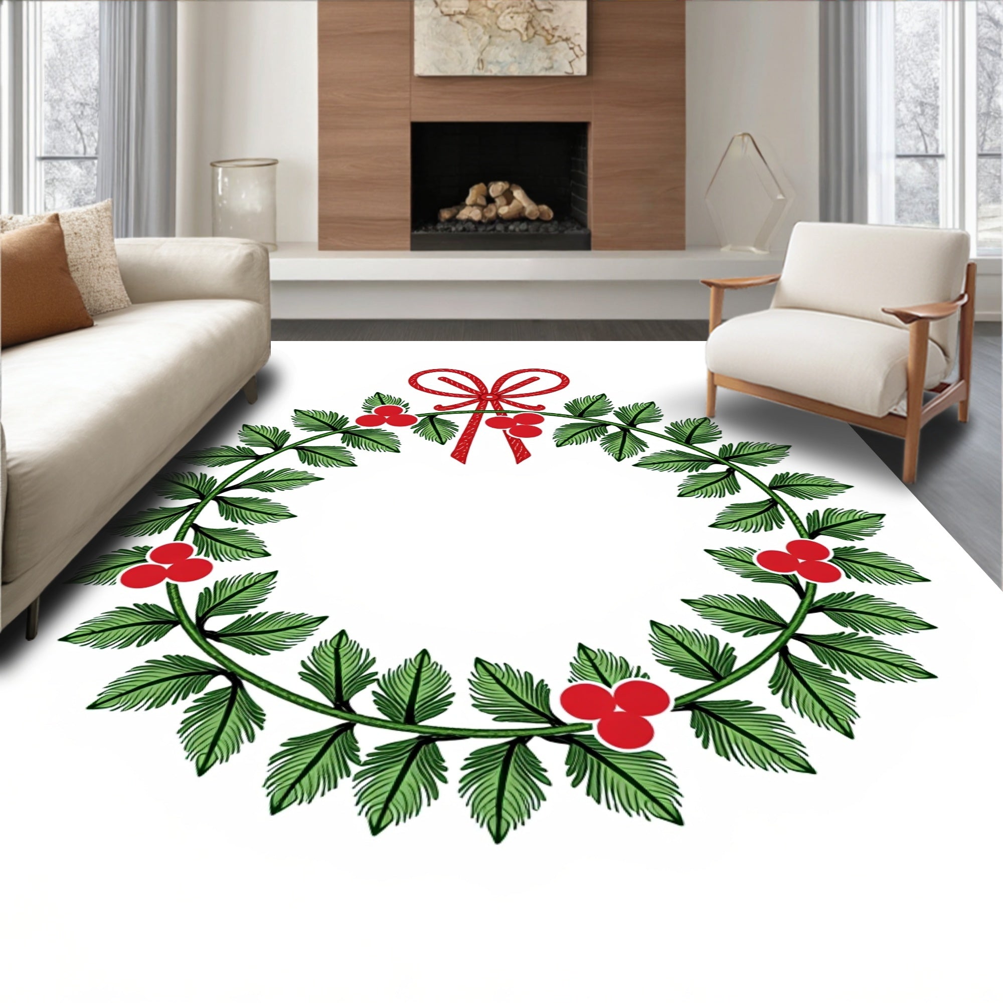 Festive Holly Berry Wreath Design Rug