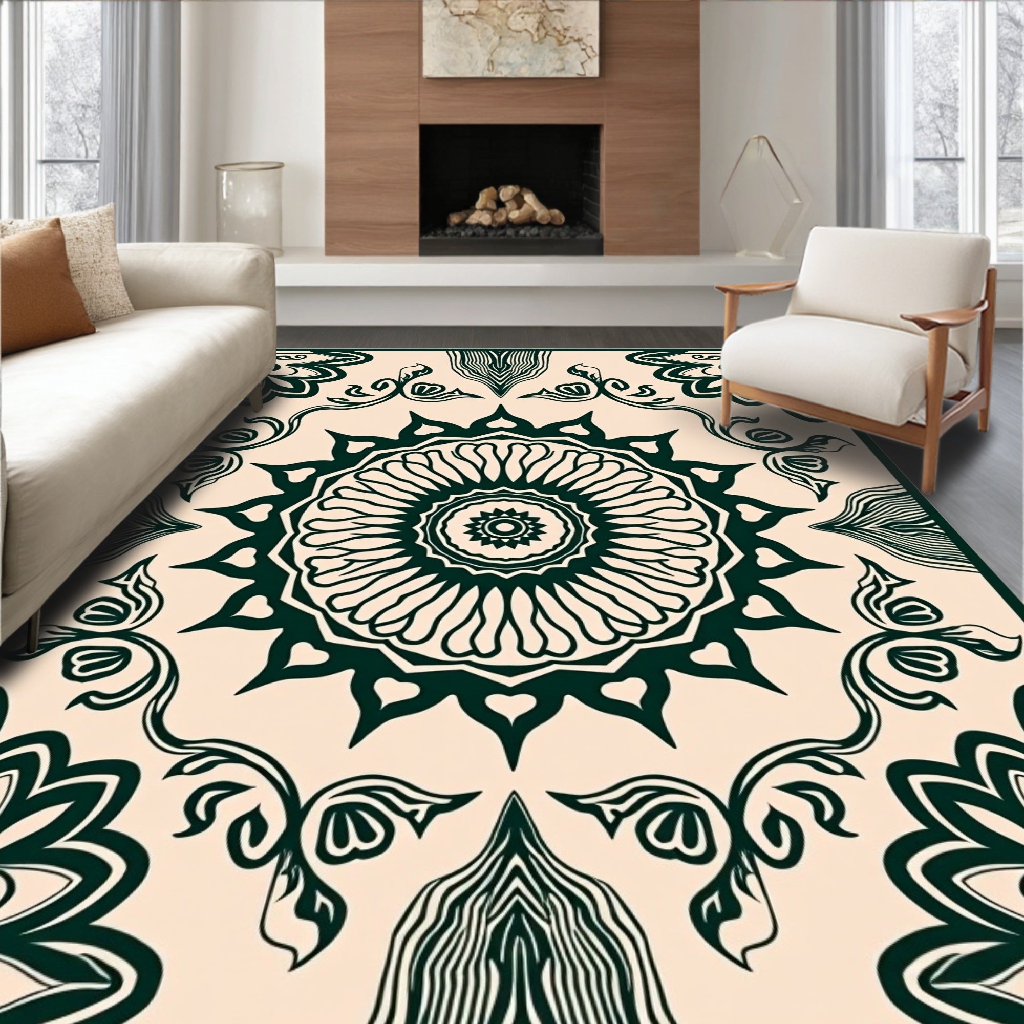 Intricate Floral Sunburst Mandala Pattern Rug
