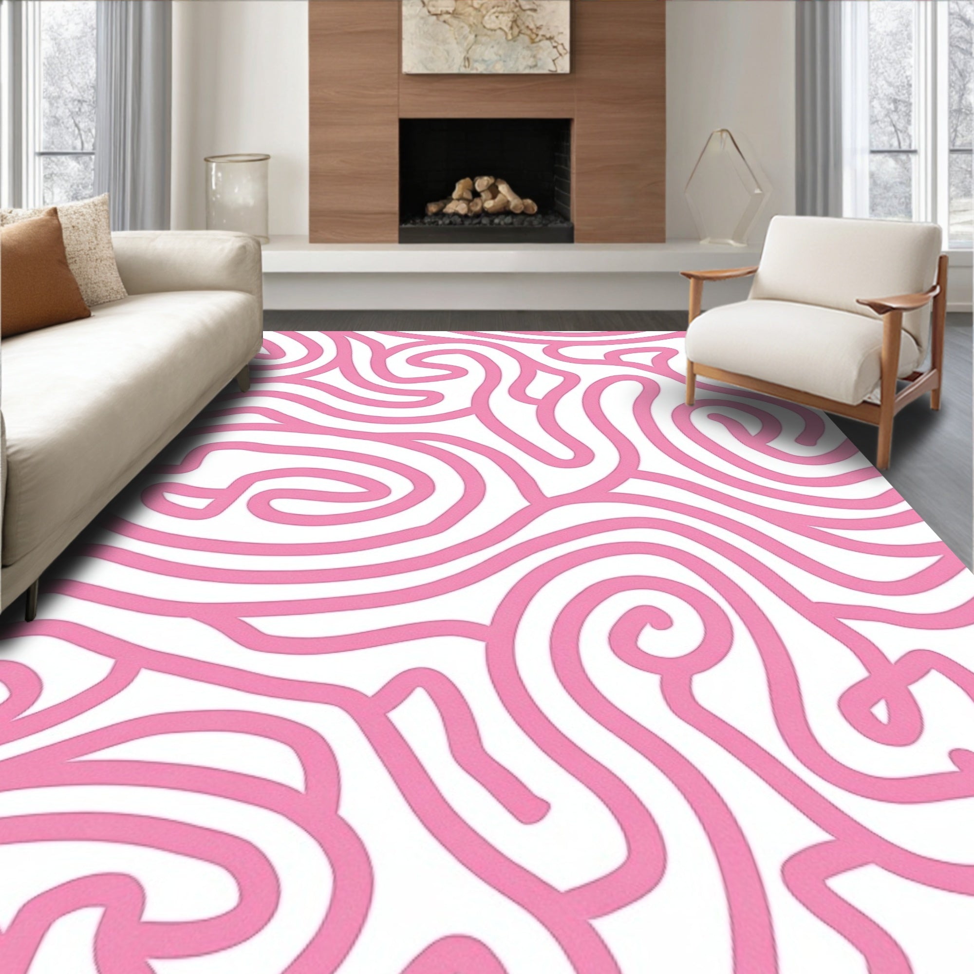 Pink Swirl Abstract Line Art Rug