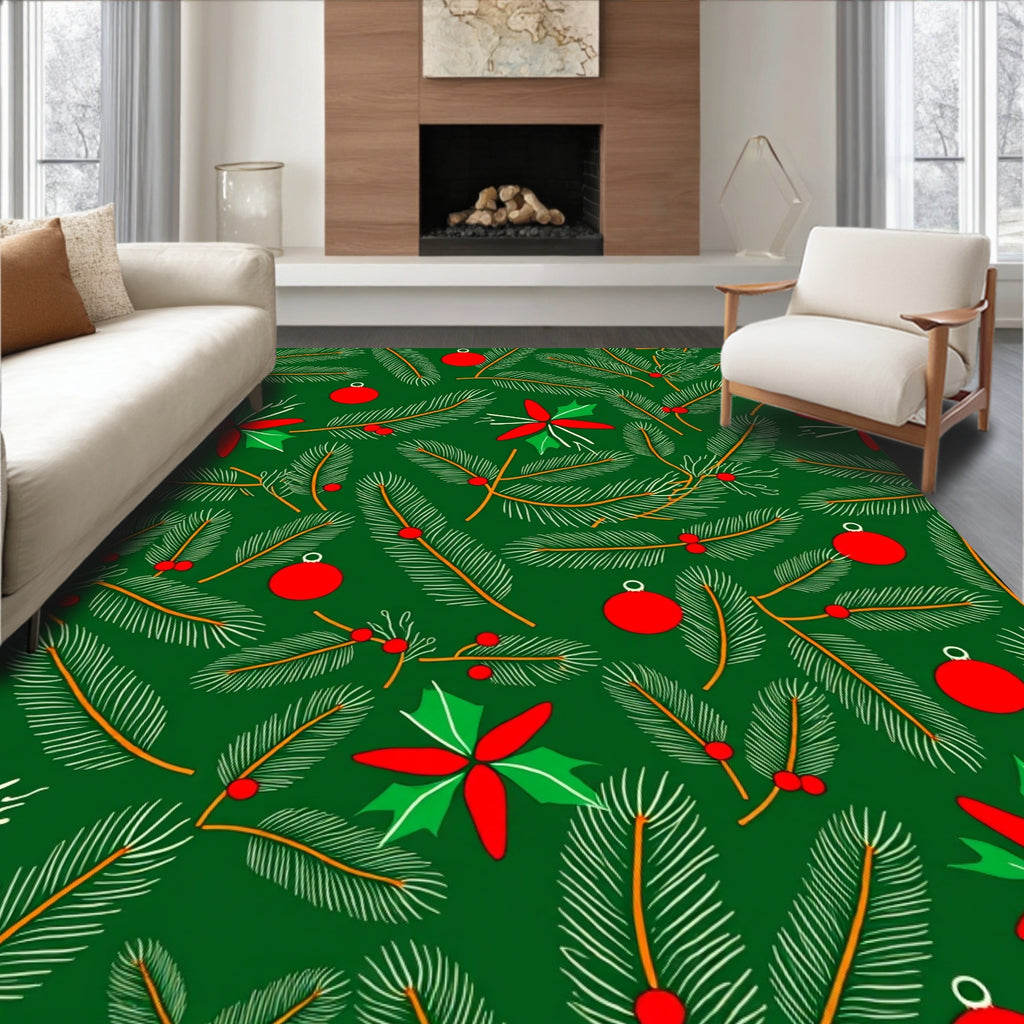 Jolly Evergreen Pine Poinsettia Ornaments Rug