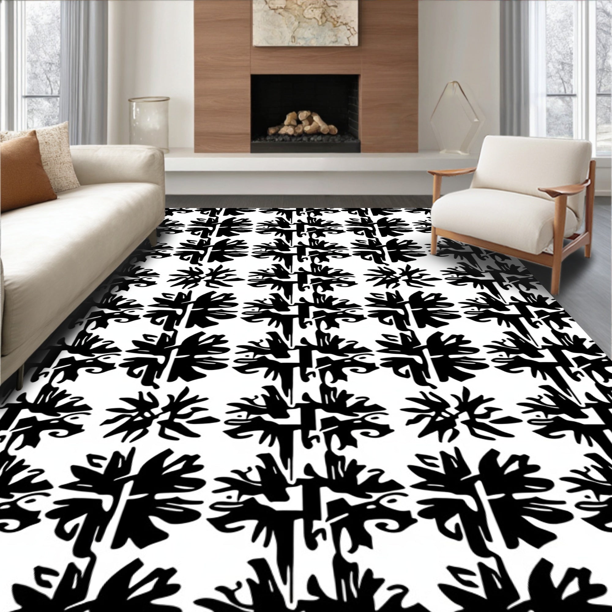 Black White Abstract Floral Tiling Rug