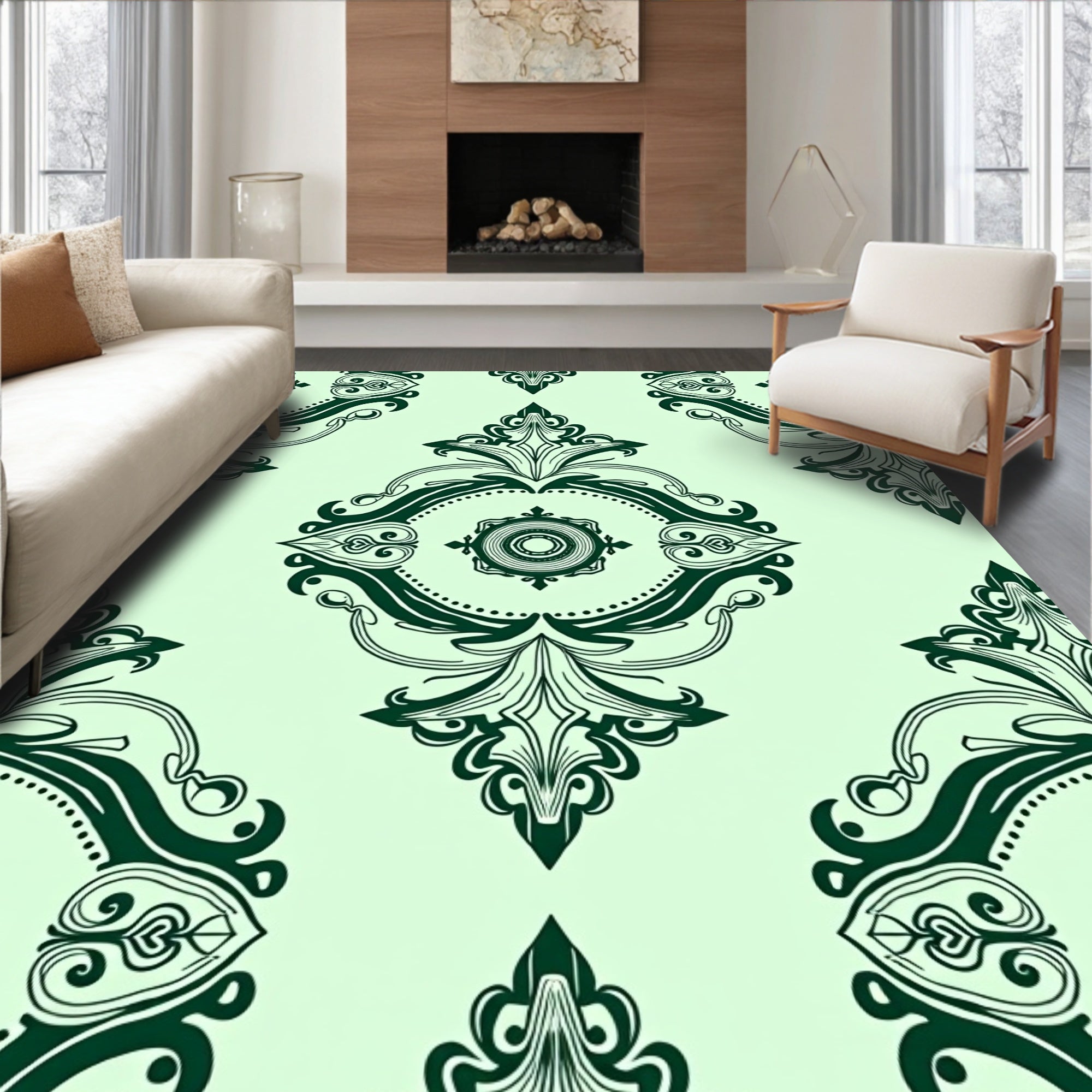 Elegant Dark Green Damask Pattern Rug