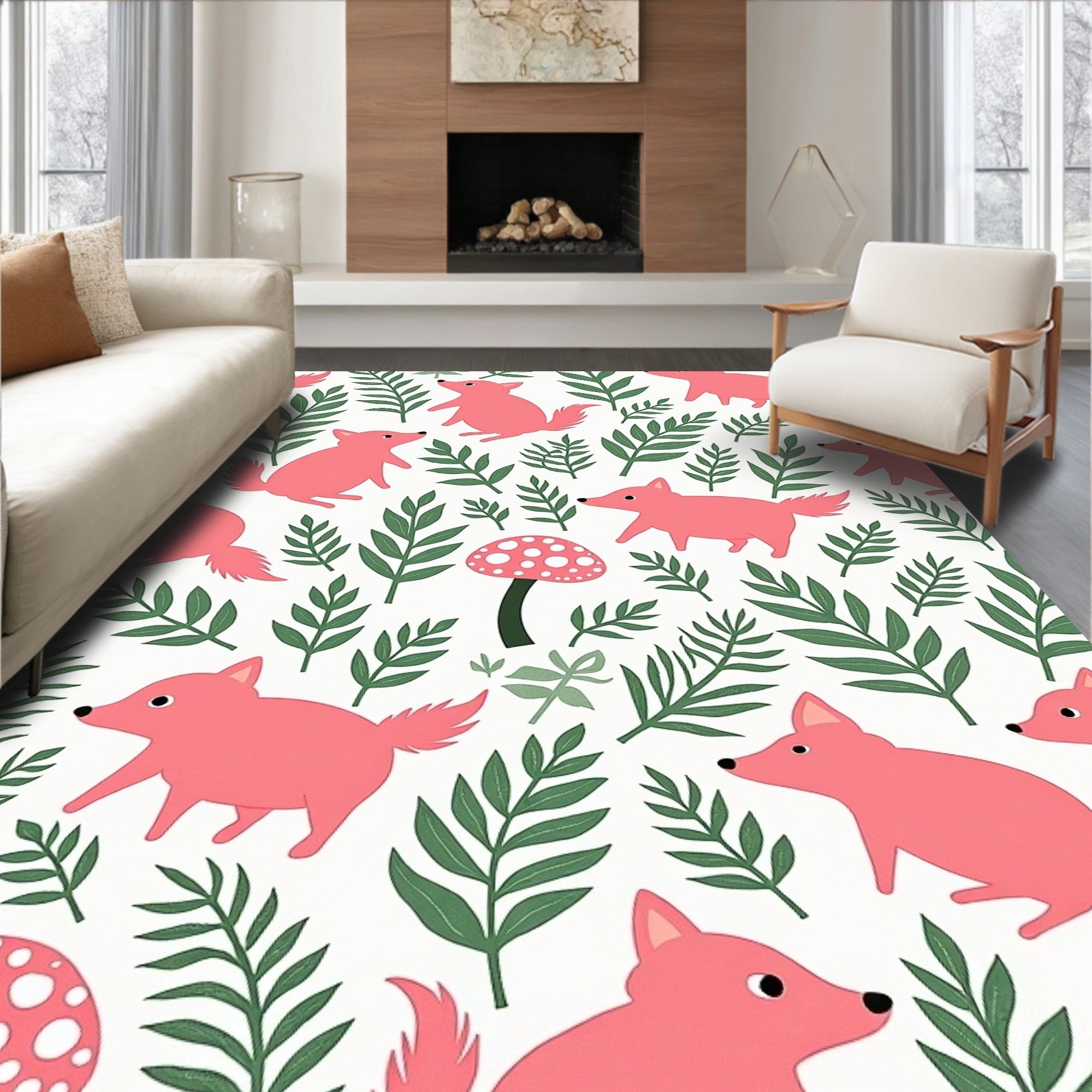 Pink Fox And Mushroom Pattern Rug