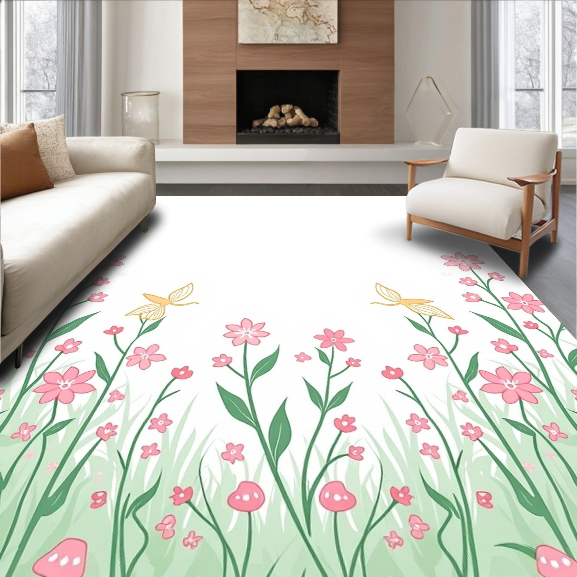 Whimsical Floral Meadow With Butterflies Rug