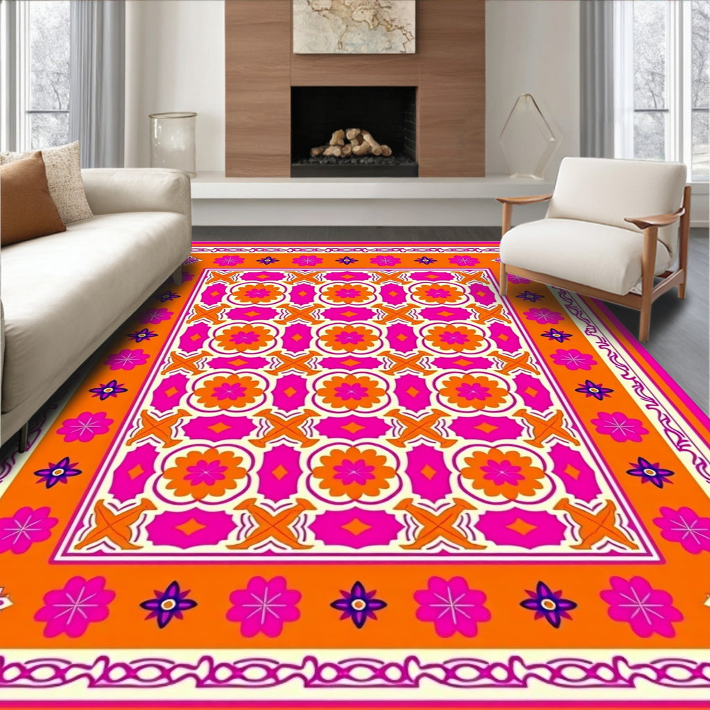 Vibrant Orange Pink Floral Geometric Rug