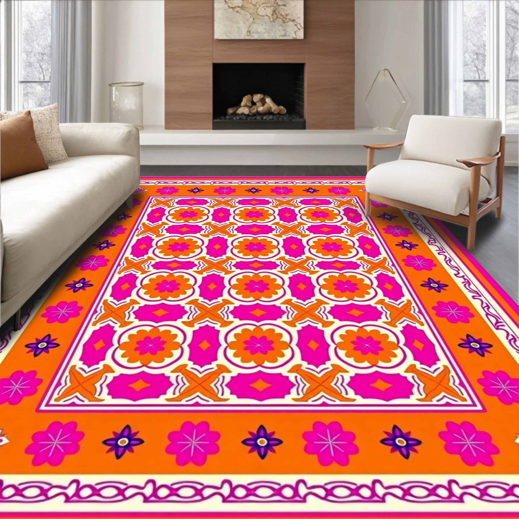 Vibrant Orange Pink Floral Geometric Rug