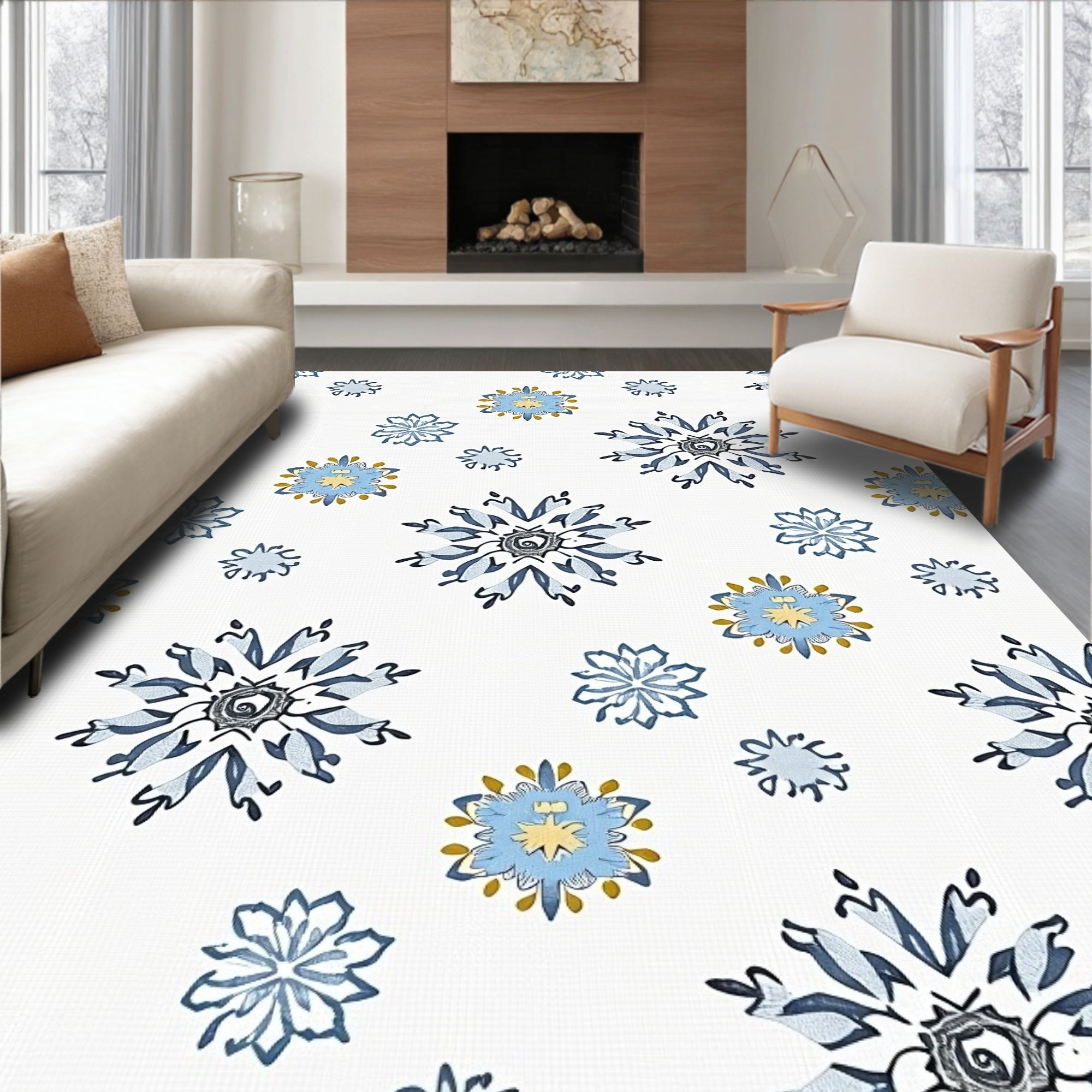 Sky Blue Floral Starburst Arrangement Rug