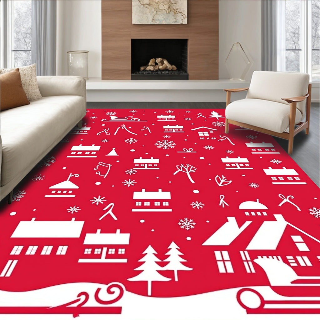 Winter Village Scenic Pattern Design Rug