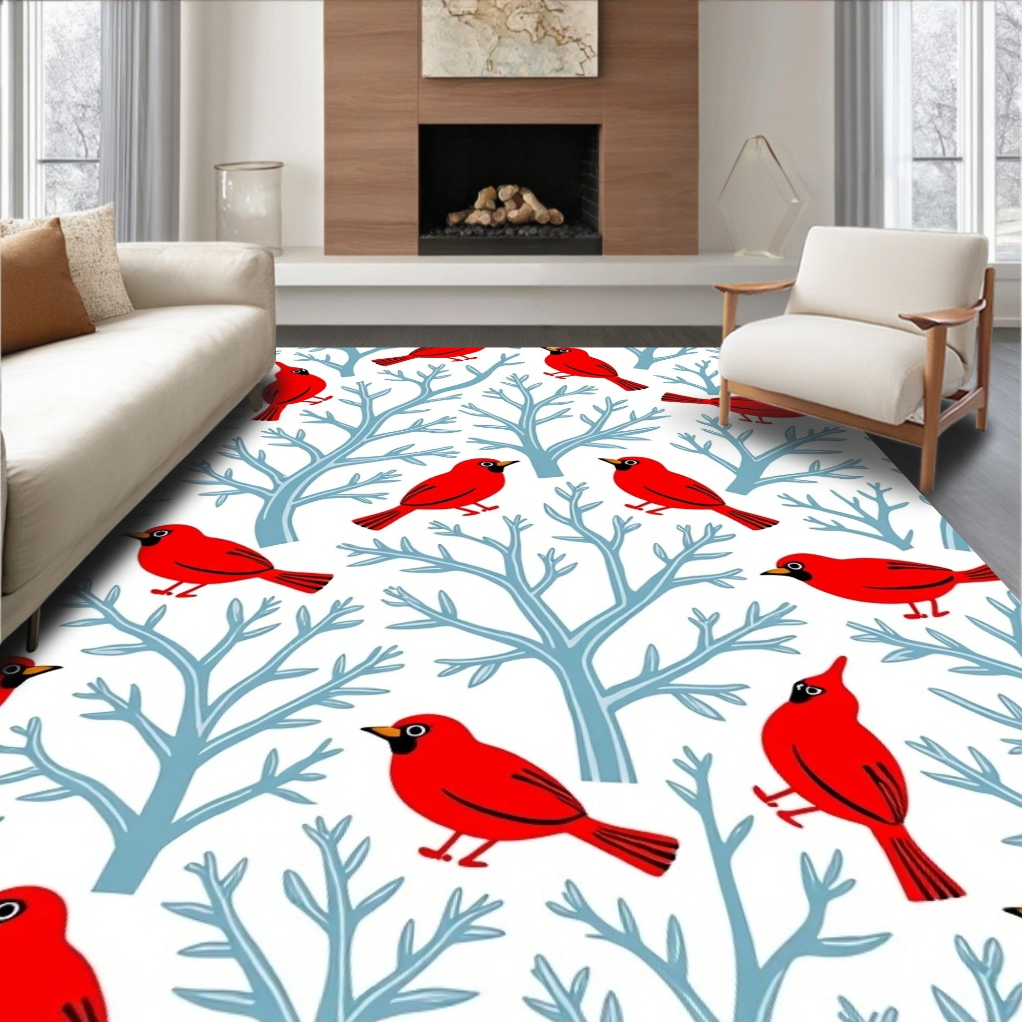 Red Cardinals on Blue Trees Pattern Rug