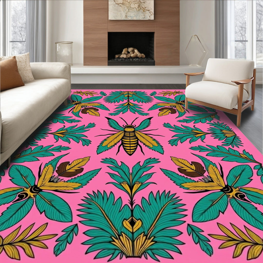 Whimsical Coral Flying Insect Garden Rug