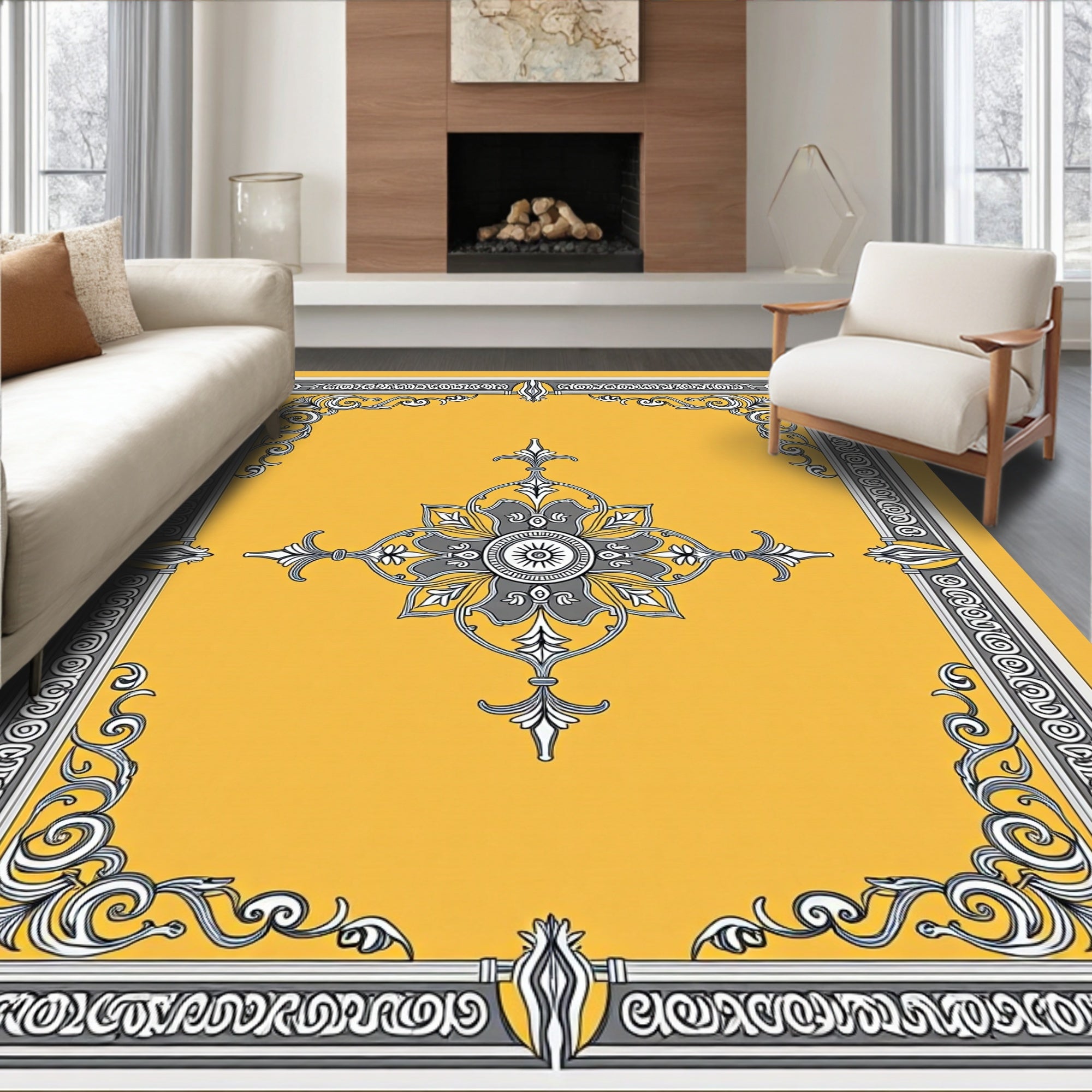 Ornamental Floral Medallion Yellow Rug