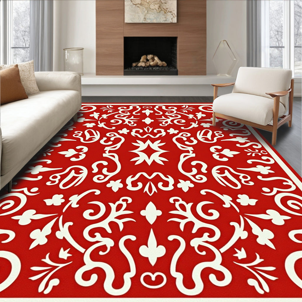 Red Cream Ornate Floral Pattern Rug
