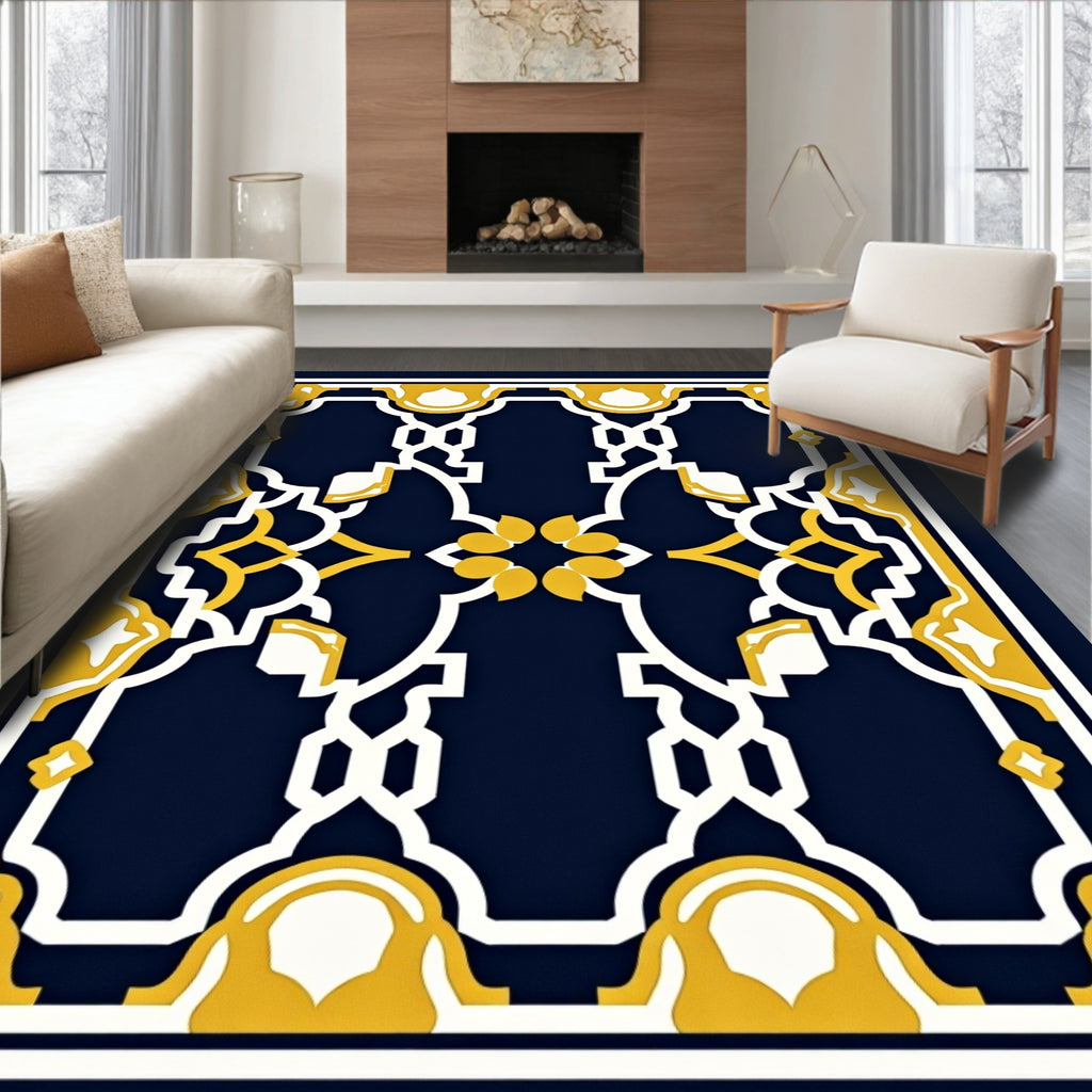 Royal Blue Yellow Geometric Pattern Rug