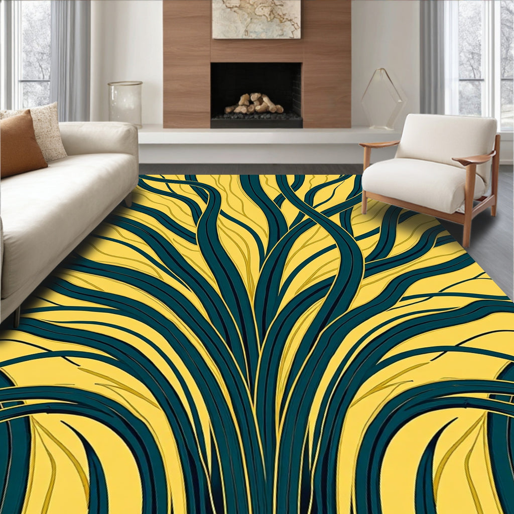 Yellow Teal Swirling Vine Pattern Rug