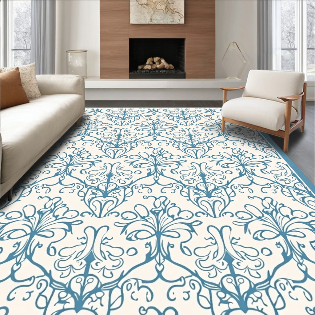 Classic Blue Floral Swirl Pattern Rug