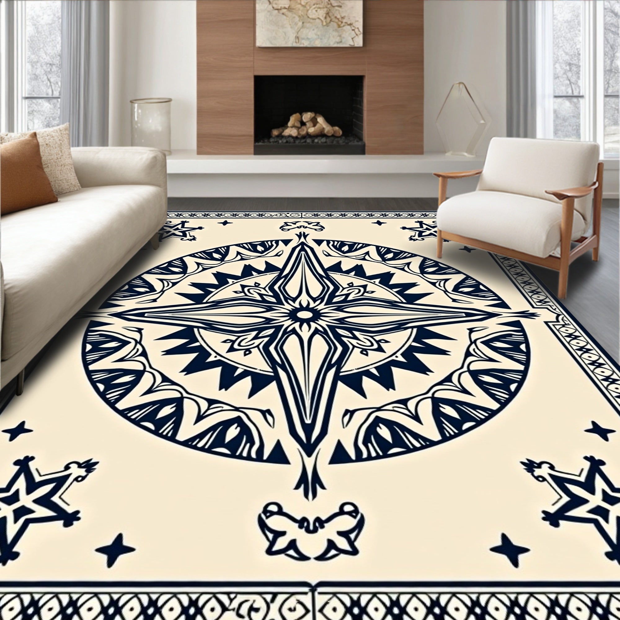 Navy Starburst Bordered Pattern Rug