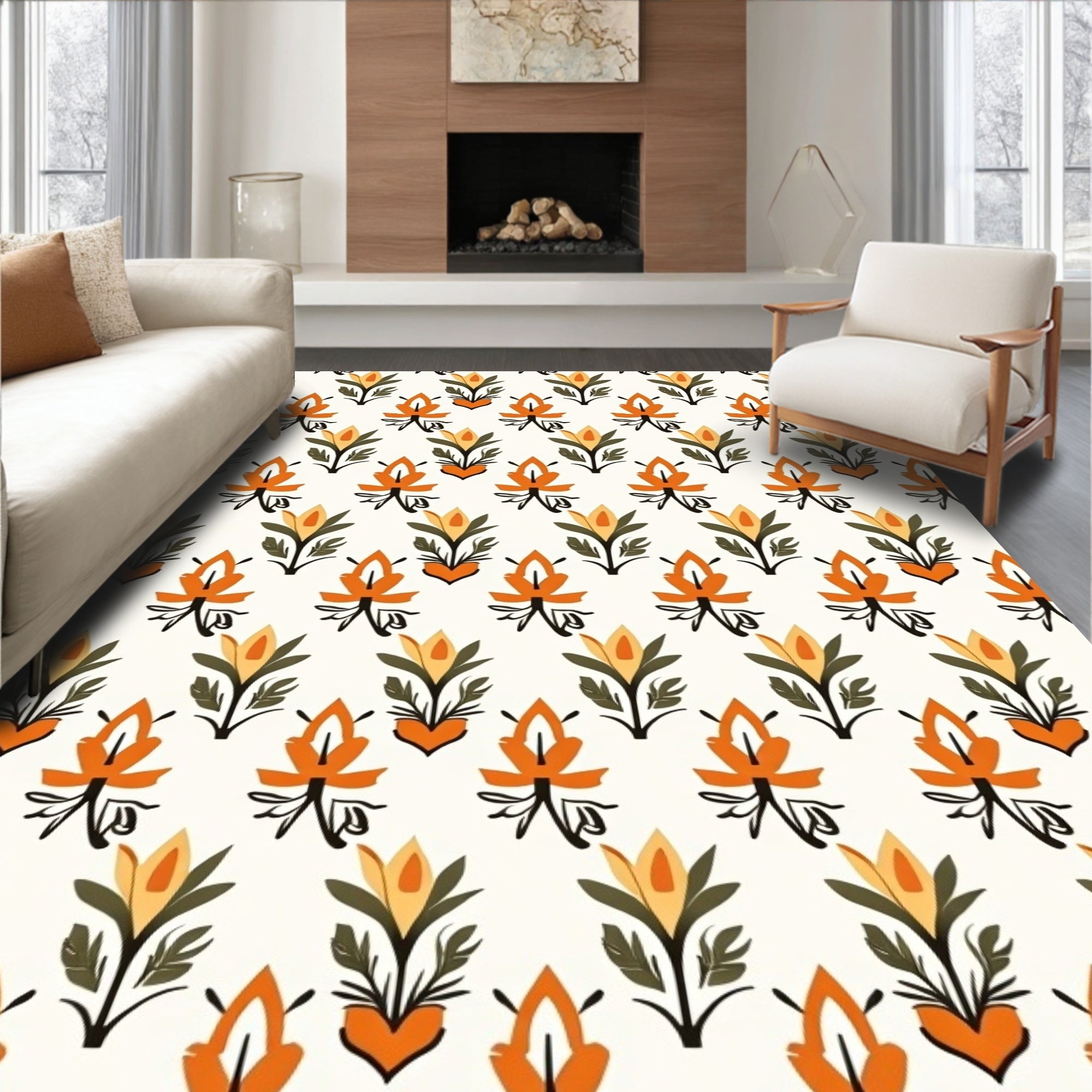 Retro Floral Stylized Motif Rug