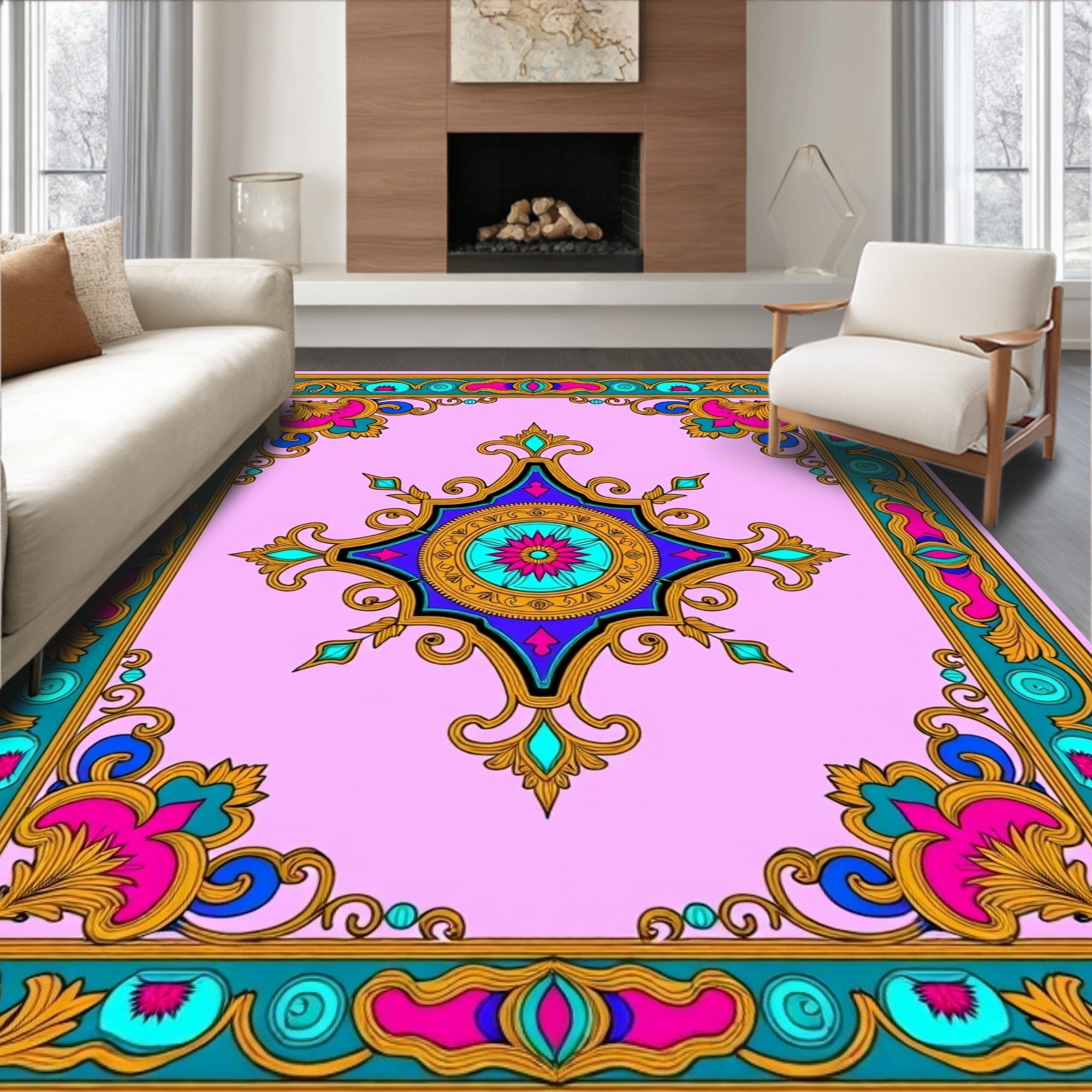 Vibrant Floral Medallion Border Pattern Rug