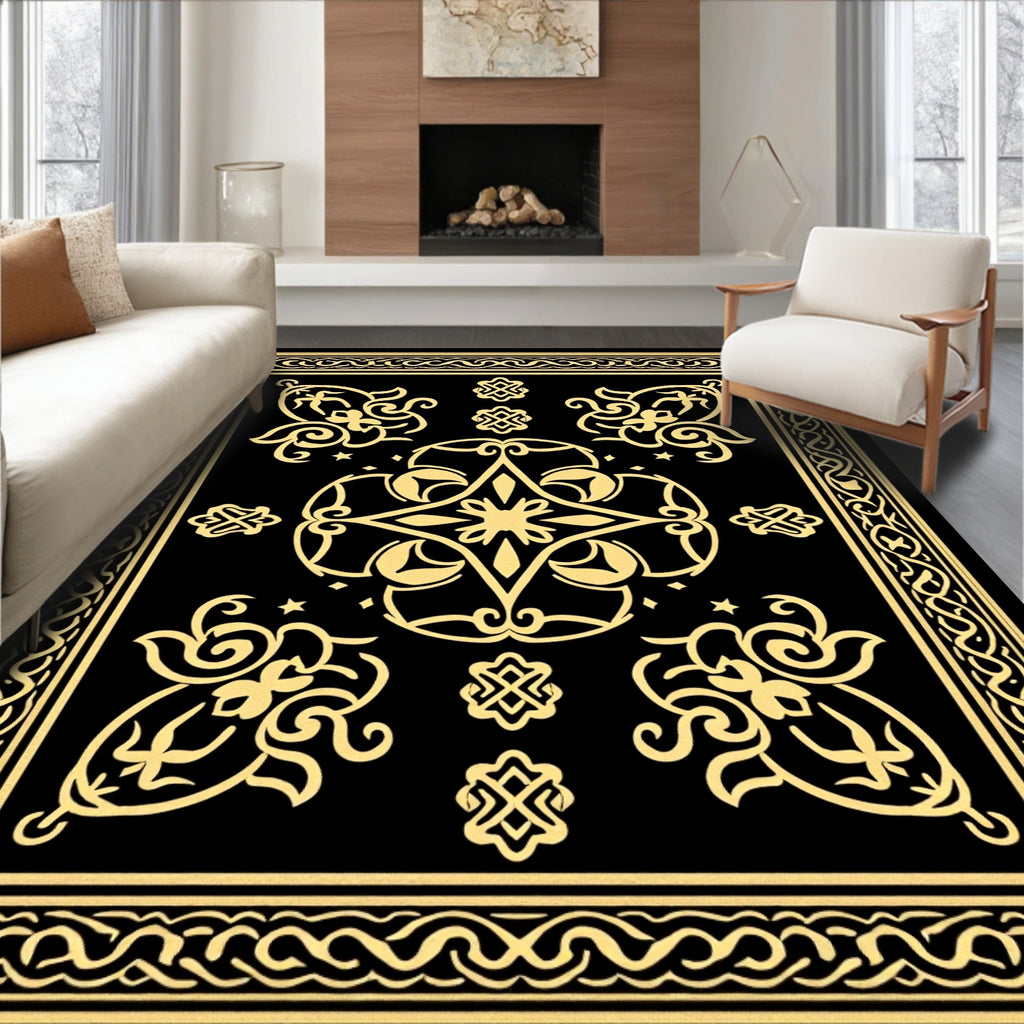Gilded Black Floral Medallion Border Rug