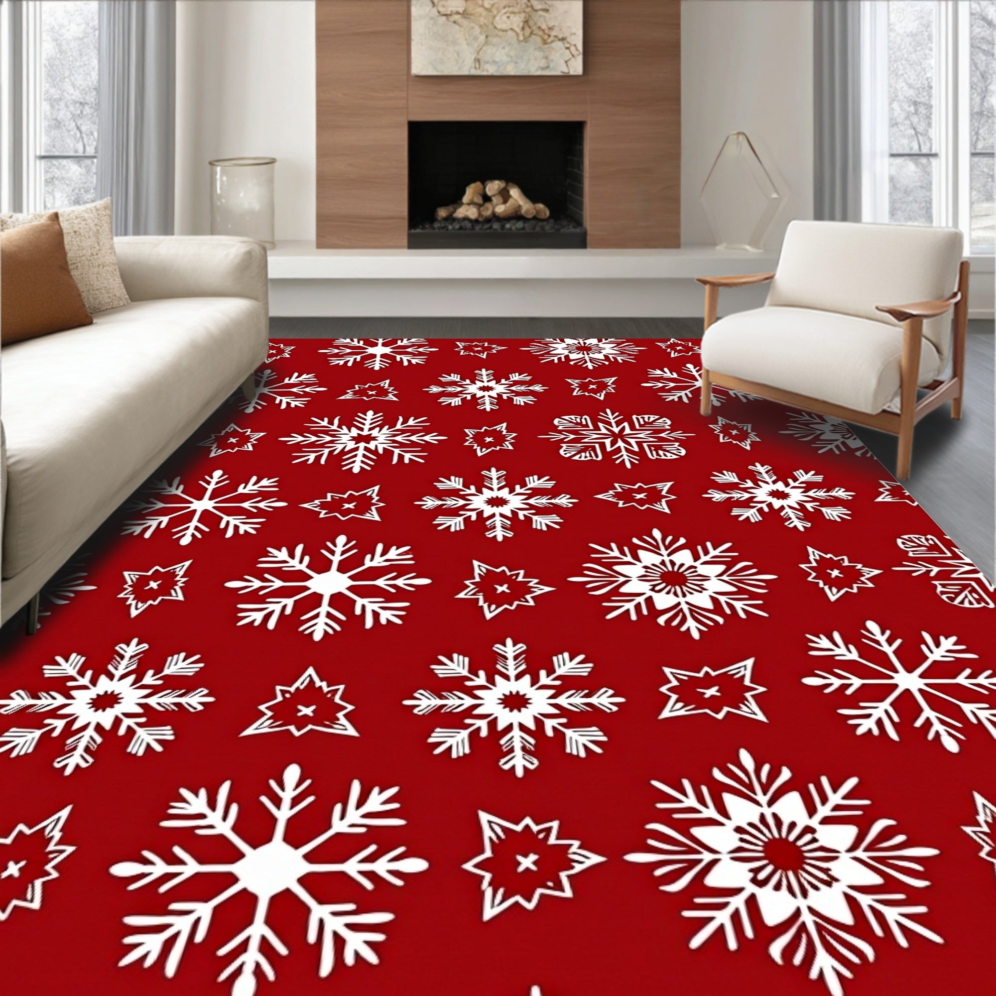 White Snowflake Pattern on Red Rug