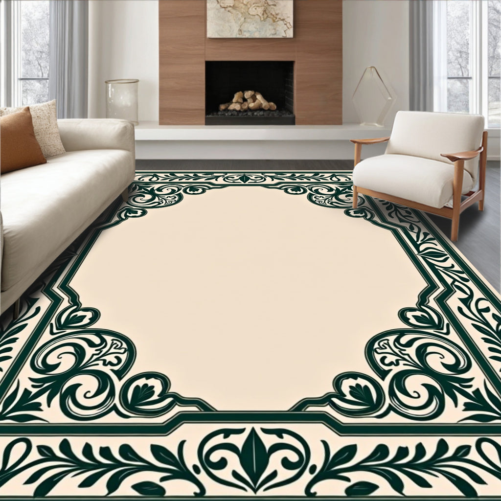 Dark Green Floral Scroll Work Frame Rug