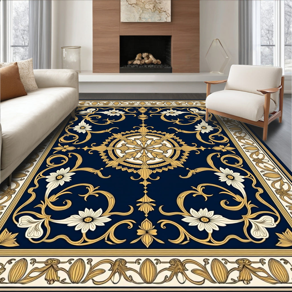 Ornate Golden Floral Medallion Rug