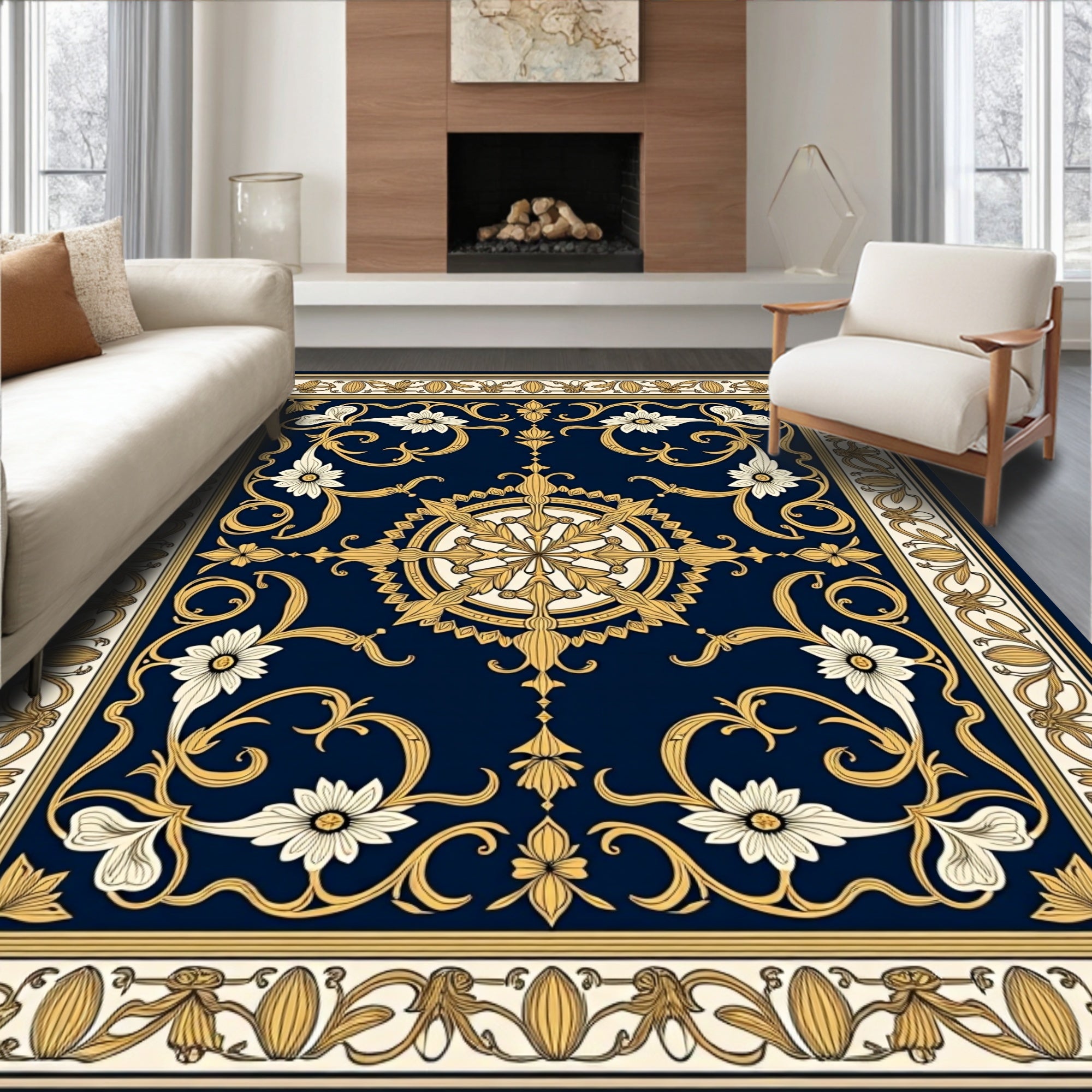 Ornate Golden Floral Medallion Rug