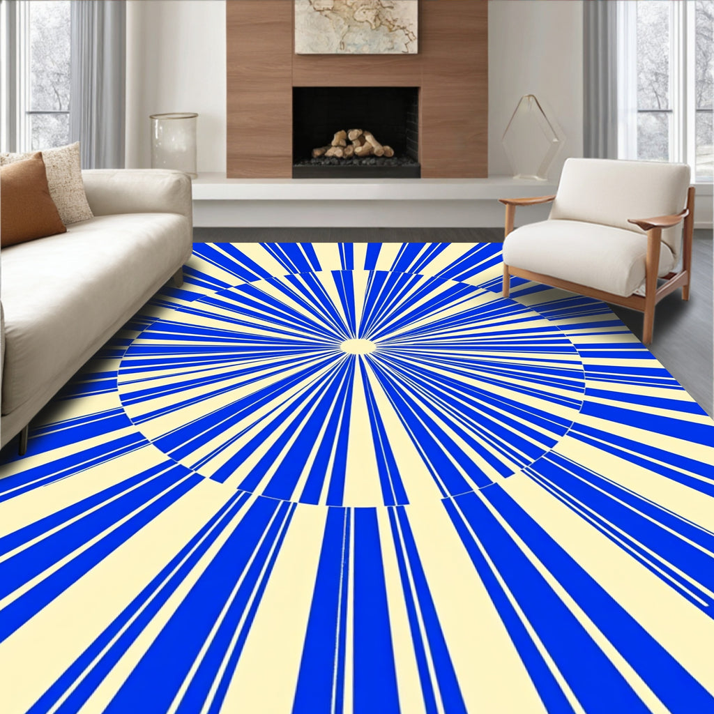 Bold Blue Sunburst Geometric Pattern Rug