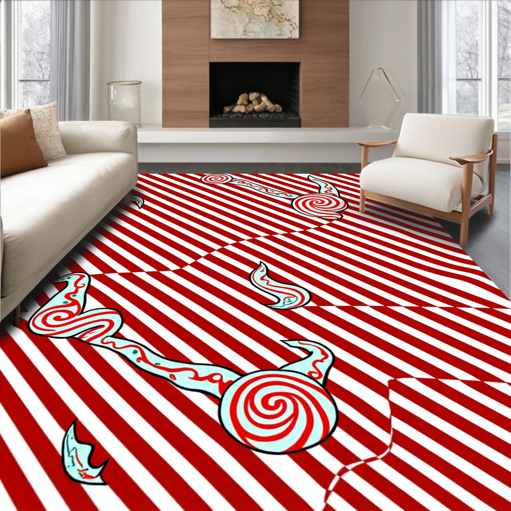 Red White Striped Swirly Pattern Rug