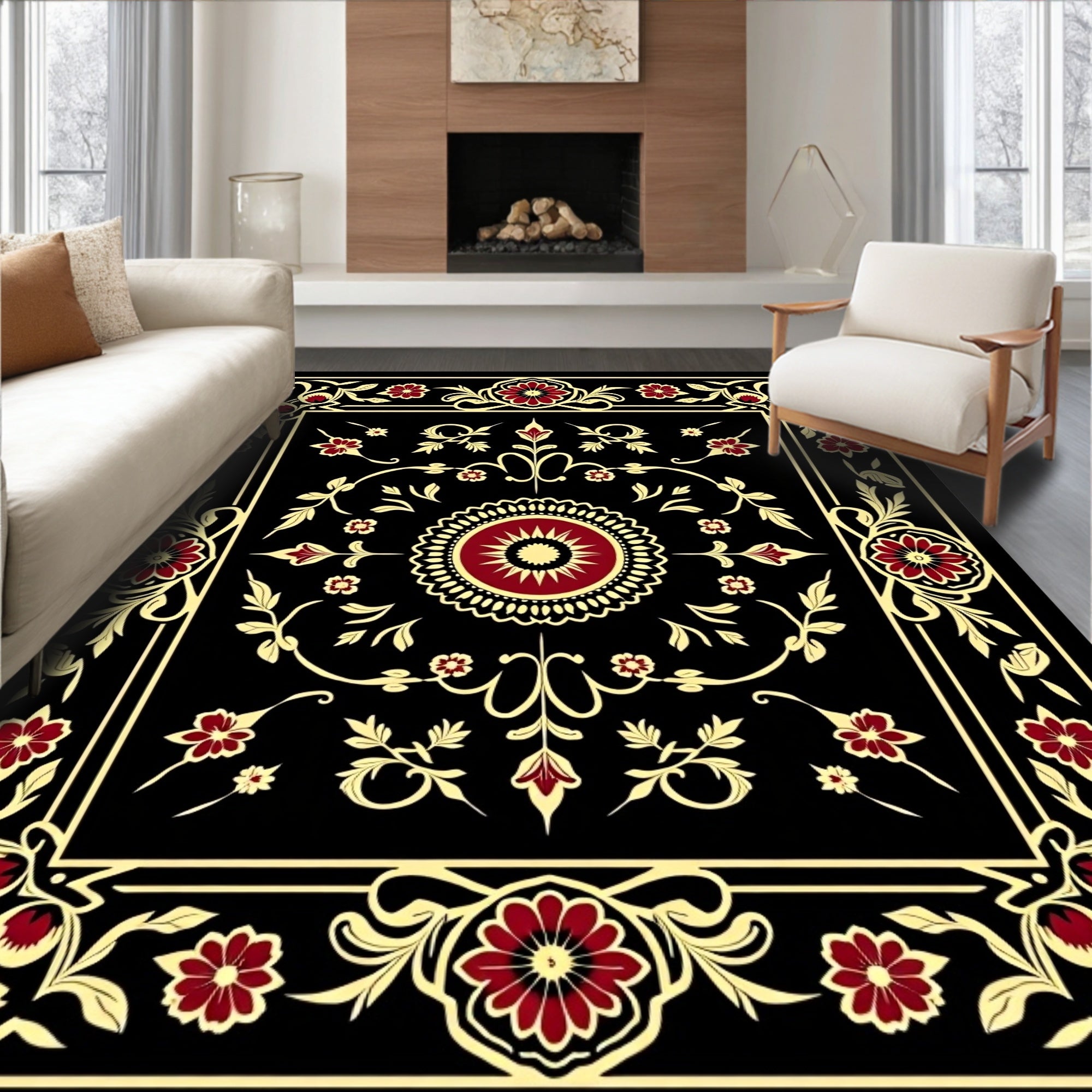 Red Floral And Golden Vine Design Rug