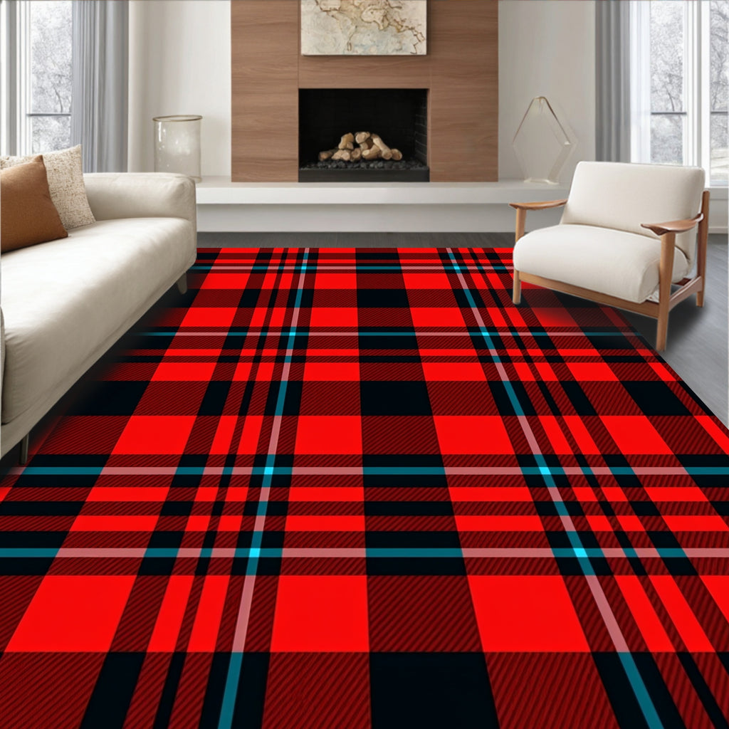 Bold Red Black Plaid Pattern Rug