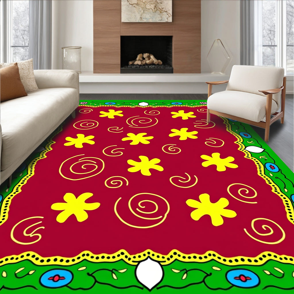 Bright Yellow Floral Swirls Pattern Rug
