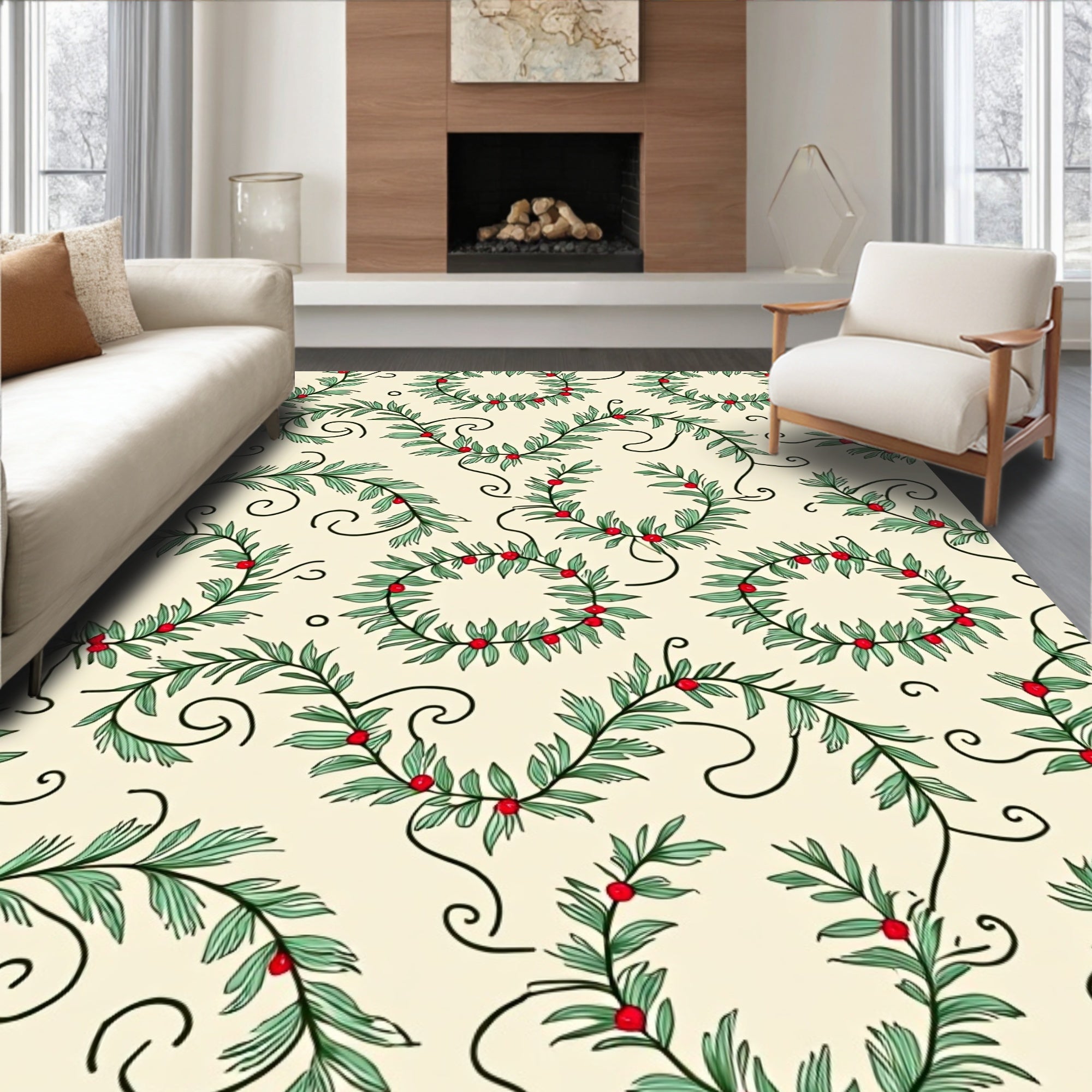 Green Leafy Vine With Red Berries Pattern Rug