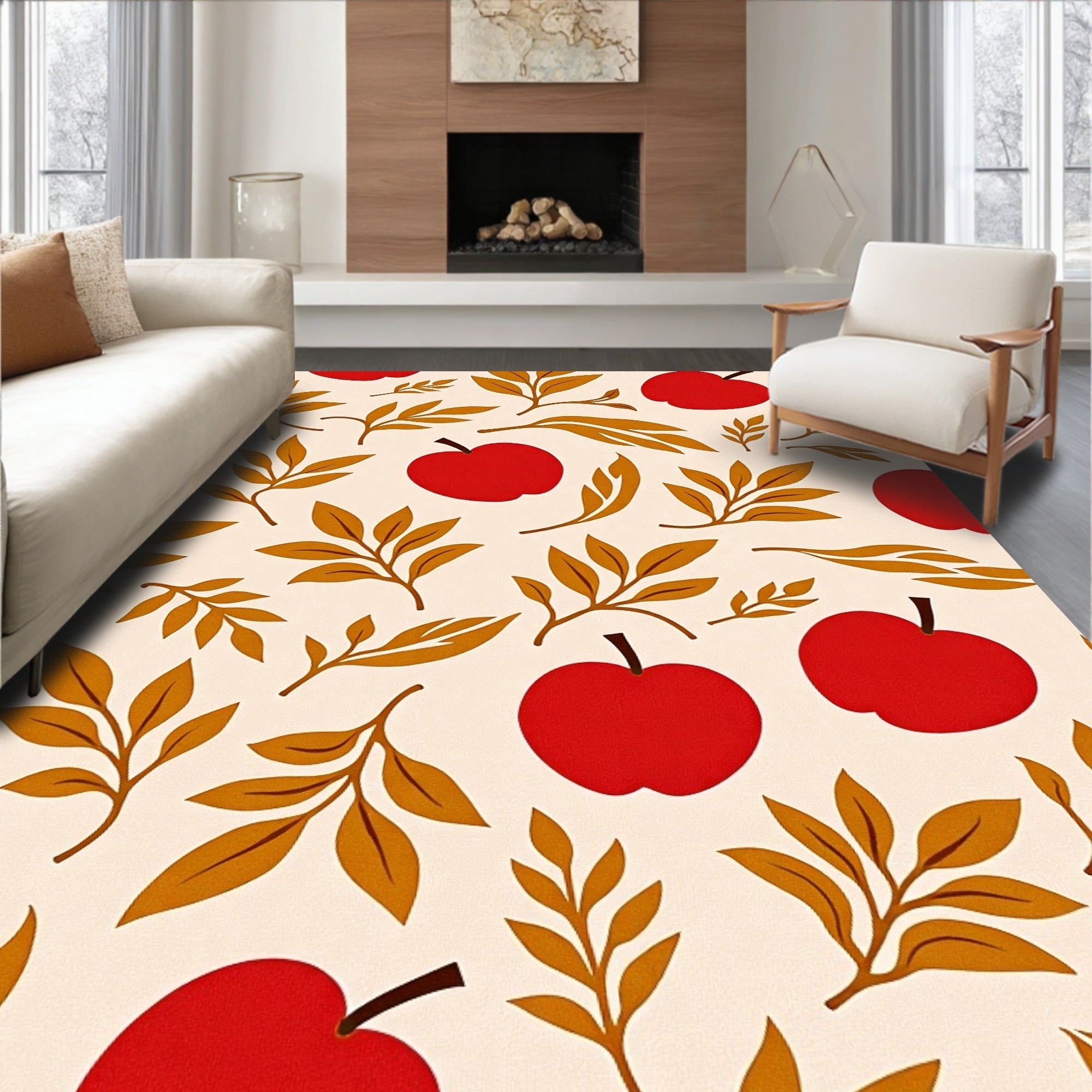 Red Folk Art Apples Leaves Rug